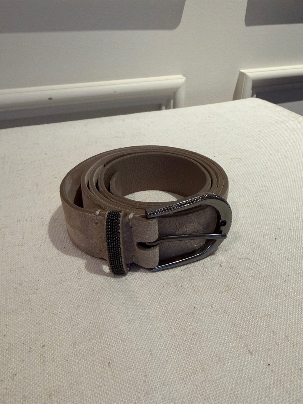 Brunello Cucinelli Taupe Suede Belt with Dark Gunmetal Buckle